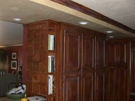 Distressed stained wood, faux finished soffit