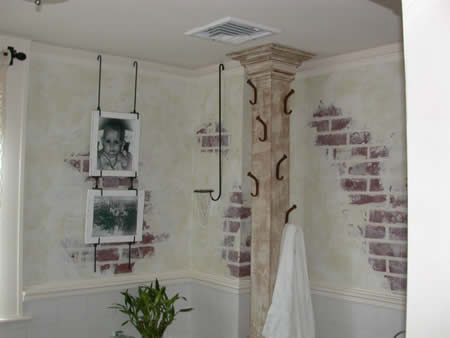 Faux bricks, wooden towel rack.