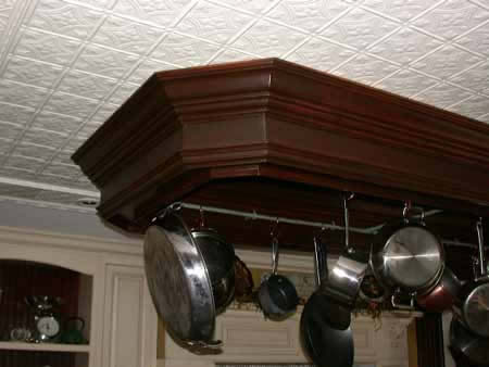 Soffit with copper pipe pot rack.  Lloyd Neck, NY.