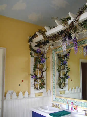 indoor trellis, picket style chair rail, sky ceiling